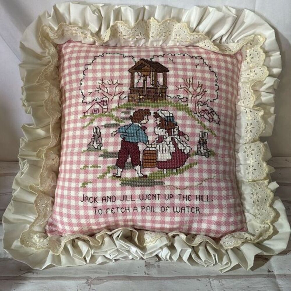 Vintage Handmade Gingham Jack And Jill Needlepoint Pillow‎ Fringe Edges 12x12"